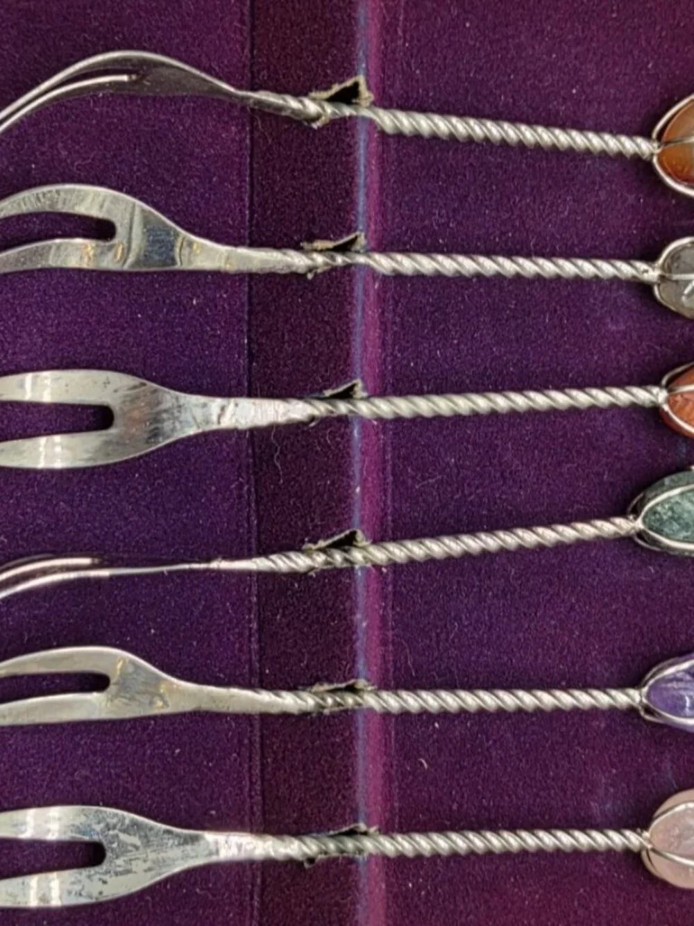 VTG Barasch Sylmar Gemstone Cocktail Forks Set of 6 Brazil Original Boxed MCM